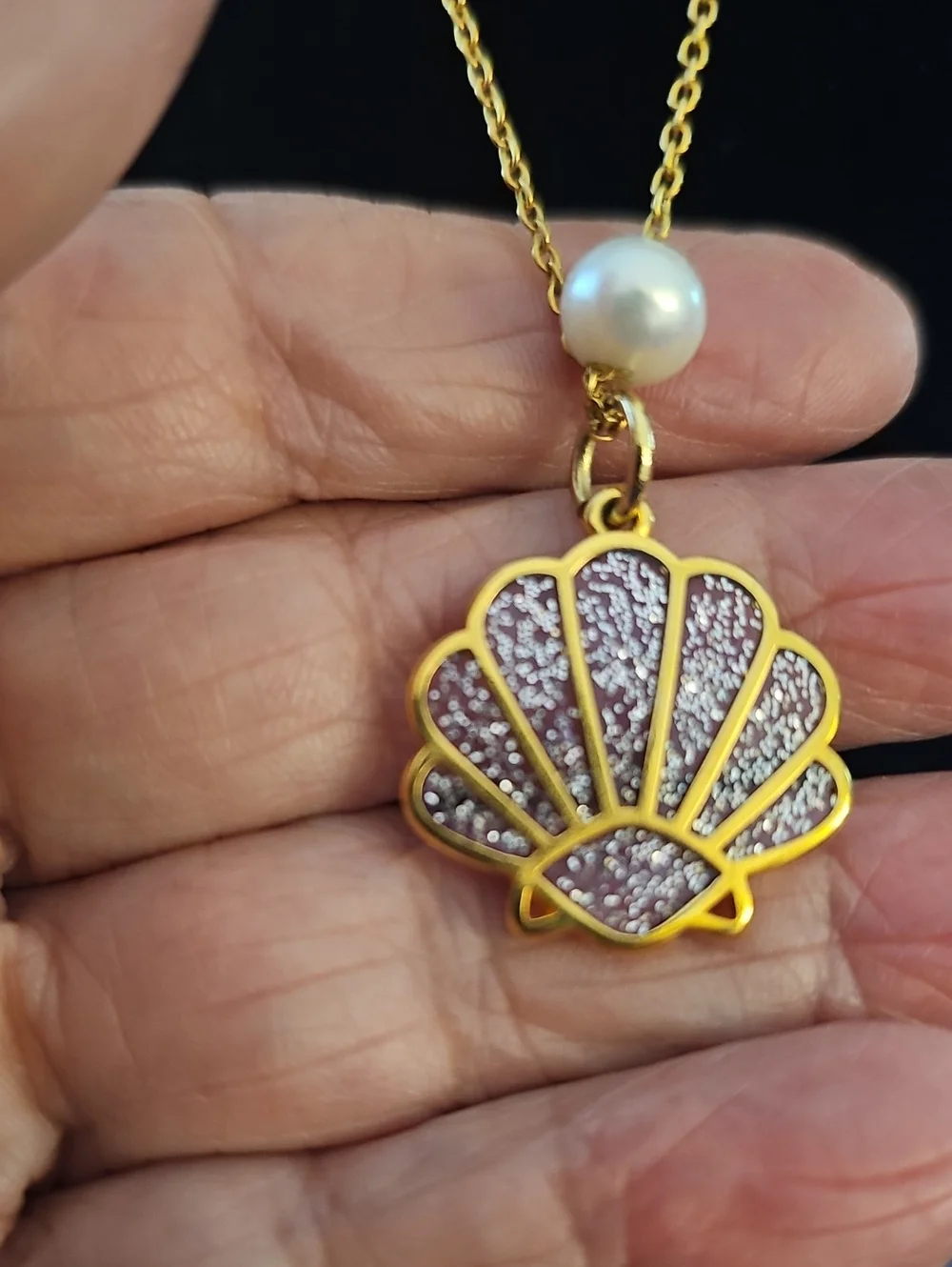 Gold Shell Pendant Necklace with Pearl Accent. About 18